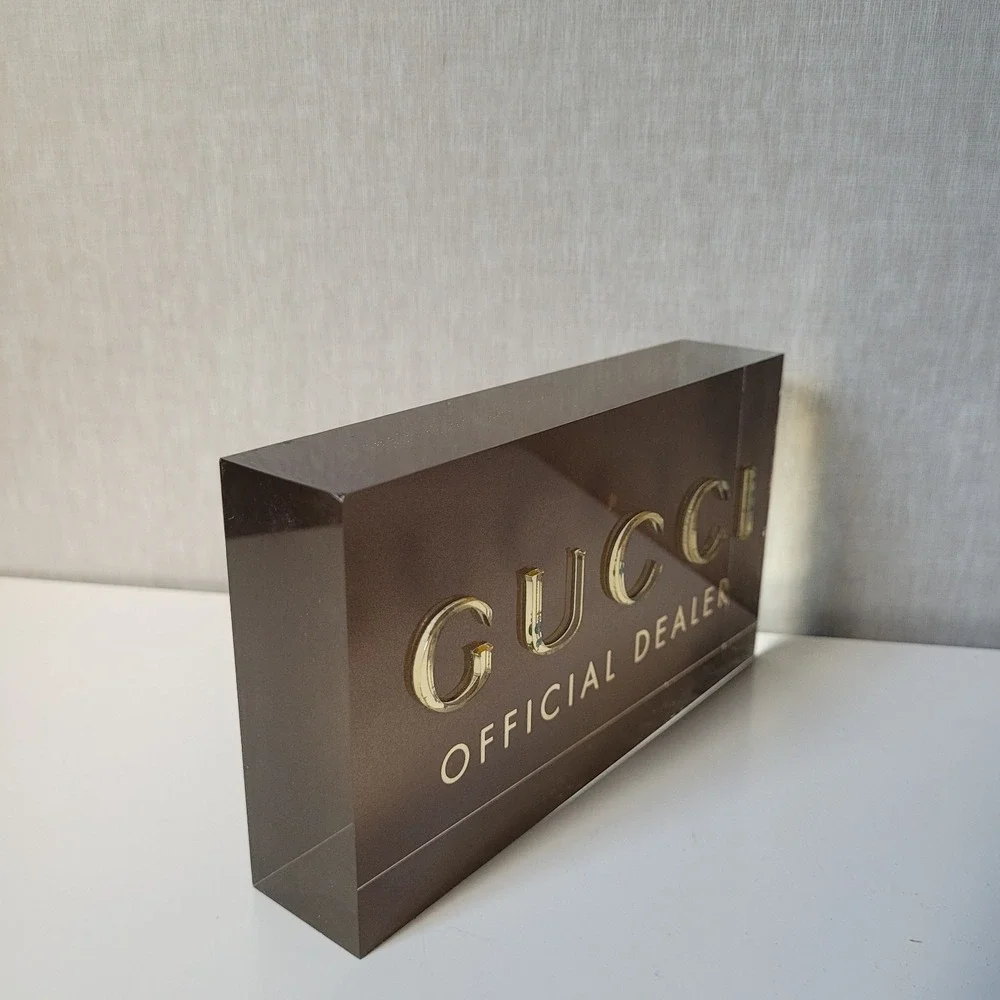 Gucci Official Dealer Lucite Logo Sign Gold Acrylic Display Block Boutique Decor